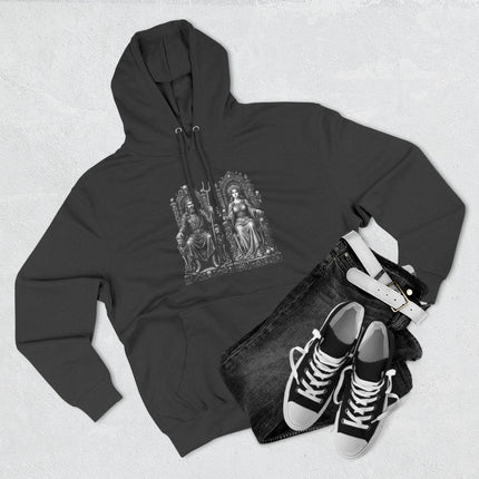 Hades and Persephone Greek mythology throne illustration on a black hoodie.