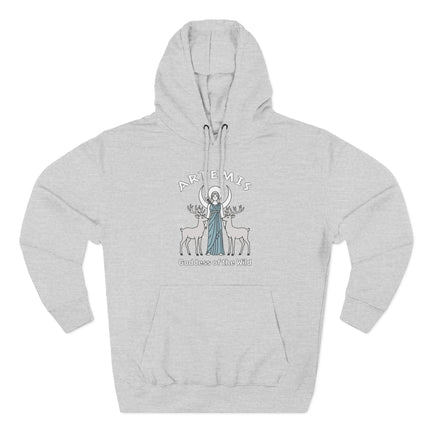 Artemis Goddess of the Wild graphic featuring deer and celestial moon art on a cozy pullover hoodie.