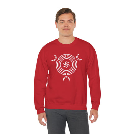 Red sweatshirt featuring the Hecate Triple Goddess Wheel symbol.