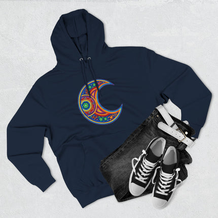 Huichol Moon Hoodie | Colorful Indigenous Art Crescent Pullover Hoodie