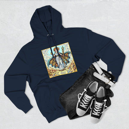 Eris Goddess of Discord Greek mythology graphic on a navy pullover hoodie.
