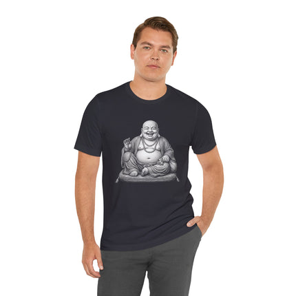 Black t-shirt featuring a graphic of the Laughing Buddha (Hotei) in a serene Zen pose.