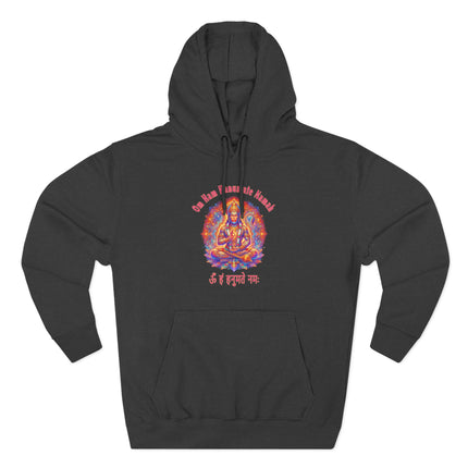 Hanuman mantra hoodie featuring Om Ham Hanumate Namah spiritual art print.