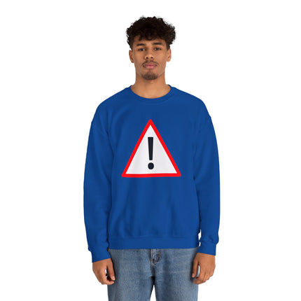 Blue sweatshirt with a red warning triangle and exclamation mark graphic.