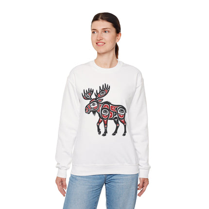 Northwest Coast art moose graphic on a white unisex sweatshirt featuring Formline design.