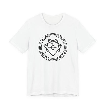 Thelema Do What Thou Wilt sigil t-shirt graphic for occult and magic enthusiasts.