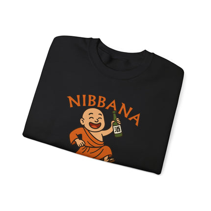 Funny Buddhist monk graphic on pullover sweatshirt with "Nibbana Can Wait" text print.