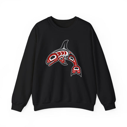 Red formline art orca whale graphic on a black Pacific Northwest sweatshirt.