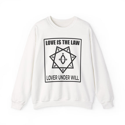 White sweatshirt featuring the Love Is The Law occult symbol and esoteric text.