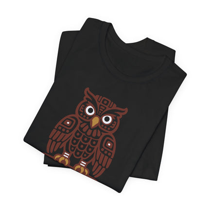 Mayan Owl T-Shirt | Rust Geometric Bird with Pale Circular Eyes Tee