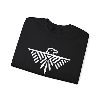 Geometric white graphic of a stylized thunderbird eagle design.