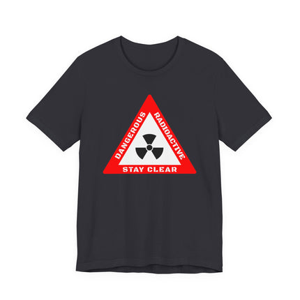 Dangerous radioactive warning tee with nuclear symbol graphic on black shirt.