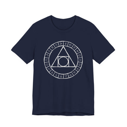 Alchemist t-shirt featuring an esoteric symbol, planetary glyphs, and mystical alchemical diagram.