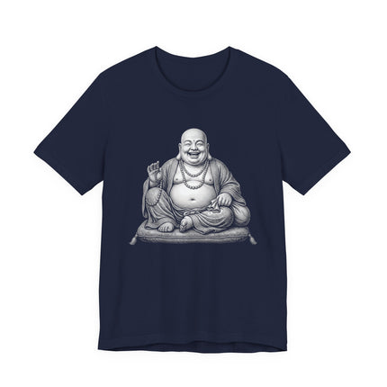 Laughing Buddha Hotei graphic tee design, symbolizing happiness and Zen Buddhism.