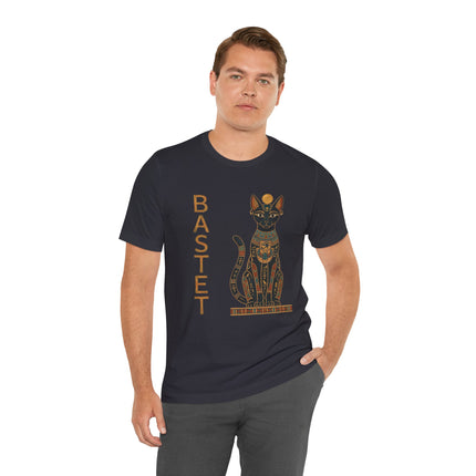 Bastet Egyptian cat goddess t-shirt featuring hieroglyphic art and mythology design.