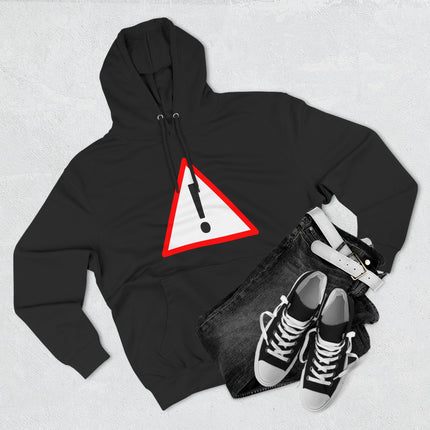 Black hoodie featuring a red triangular warning sign and exclamation mark graphic.