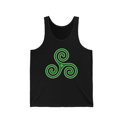 Green Celtic Triskelion triple spiral symbol on a black tank top.