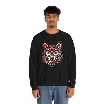 Red and black stylized wolf head graphic featuring Pacific Northwest Indigenous formline art.
