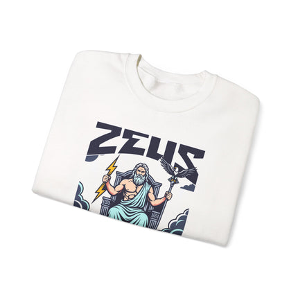 Zeus King of the Gods lightning sweatshirt, featuring dramatic Greek mythology art print.