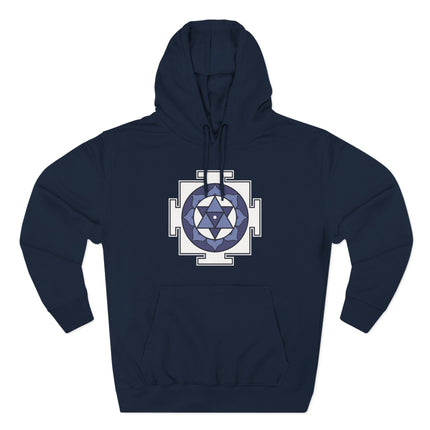 Shiva Yantra sacred geometry print on a dark blue unisex pullover hoodie.