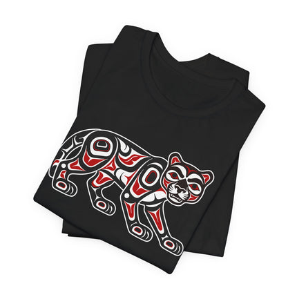 Pacific Northwest Formline Art cougar design on a black graphic t-shirt.