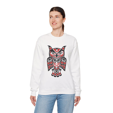 Pacific Northwest owl formline art sweatshirt featuring tribal red and black Indigenous design.