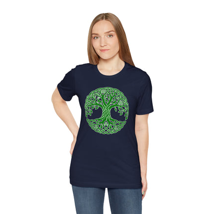 Green Celtic Tree of Life knotwork symbol on a navy blue unisex t-shirt.