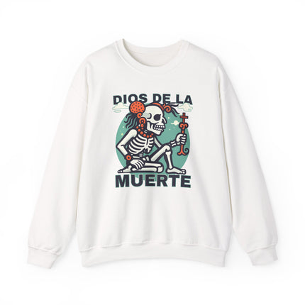 Dios de la Muerte skeleton graphic on a black Mayan God of Death pullover sweatshirt.