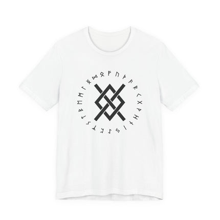 Viking t-shirt featuring a central Gungnir knot symbol surrounded by Norse runes.