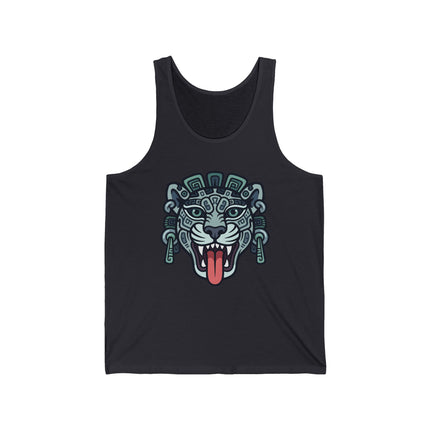 Mayan jaguar symbol graphic on a black tank top, featuring ancient Mesoamerican tribal art.