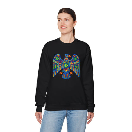 Vibrant Huichol Mexican folk art eagle graphic on black sweatshirt.