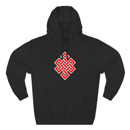 Black hoodie featuring a red Endless Knot Buddhist symbol graphic.