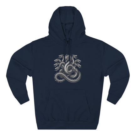 Hydra multi-headed serpent graphic on a dark hoodie, symbolizing Greek mythology and strength.
