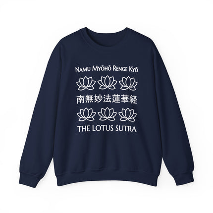 Lotus Sutra sweatshirt design featuring Namu Myoho Renge Kyo text and stylized lotus flower graphics.