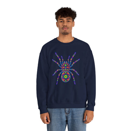 Bohemian tarantula graphic featuring colorful Mexican folk art and geometric patterns on a navy sweatshirt.