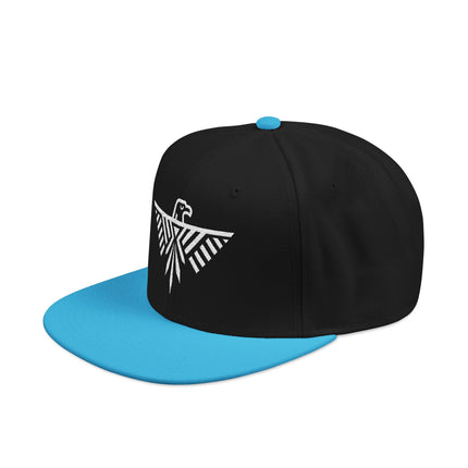 Black snapback hat featuring geometric thunderbird embroidery design.