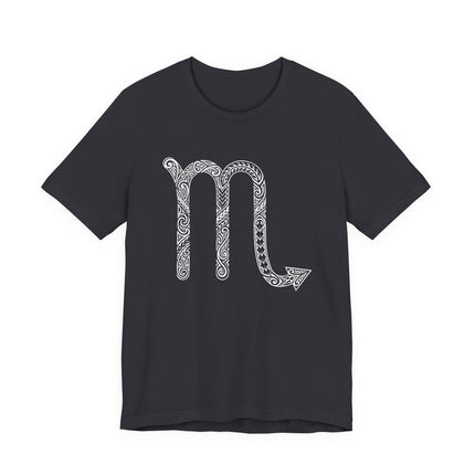 Tribal scorpio zodiac symbol on a black t-shirt, Polynesian style graphic tee.