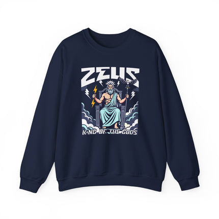 Zeus, King of the Gods, graphic sweatshirt design featuring Greek mythology and lightning bolts.