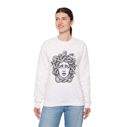 Medusa head graphic on white sweatshirt, featuring snakes and Greek mythology art.