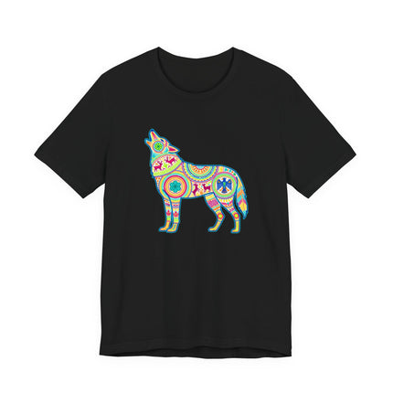 Vibrant Huichol folk art wolf graphic tee featuring bohemian tribal Mexican style.