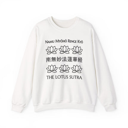 Lotus Sutra sweatshirt featuring Buddhist text, lotus flower graphics, and the phrase Namu Myoho Renge Kyo.