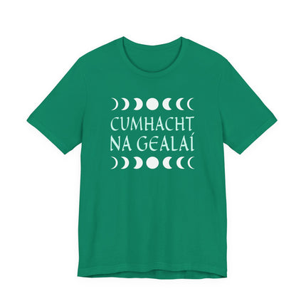 Cumhacht na Gealaí Irish moon power t-shirt featuring lunar cycle phases and celestial design.