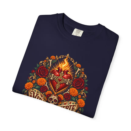 Vida y Muerte T-Shirt | Flaming Heart, Skull and Floral Artwork