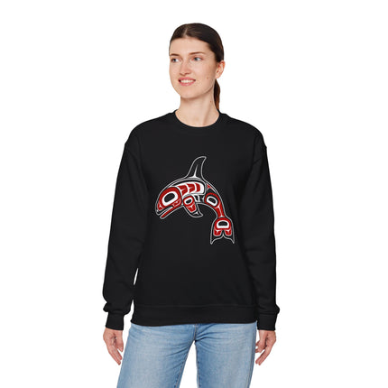 Pacific Northwest orca whale formline art graphic on a black pullover sweatshirt.