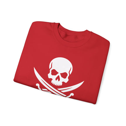 Jolly Roger skull graphic with crossed sabers on a red pirate sweatshirt.