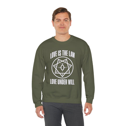 Love Is The Law Love Under Will occult hexagram graphic sweatshirt featuring Thelema symbols.