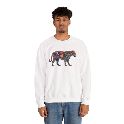 Colorful tribal jaguar graphic on a white sweatshirt, featuring geometric indigenous art.