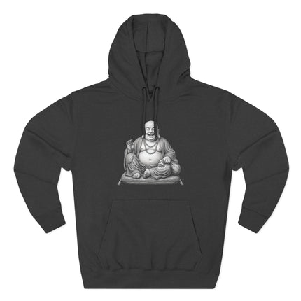 Laughing Buddha (Budai) graphic on a black spiritual hoodie, symbolizing good luck and zen.