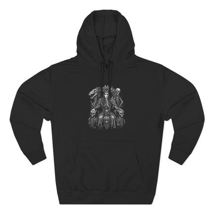 Norse Goddess Hel on a throne with skulls and dragon graphic.