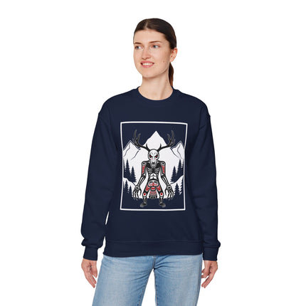 Wendigo antler skull graphic with mountain forest scenery.
